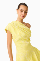 Brunette Model wearing Luella Asymmetrical Gown in Yellow close up shot