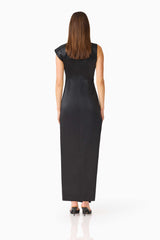 Brunette model wearing the Coralie Maxi Gown in Black back shot 