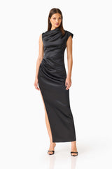 Brunette model wearing the Coralie Maxi Gown in Black posed shot 