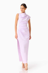Brunette model wearing the Coralie Maxi Gown in Purple posed shot