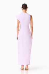 Brunette model wearing the Coralie Maxi Gown in Purple back shot