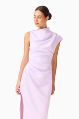 Brunette model wearing the Coralie Maxi Gown in Purple close up shot