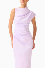 Brunette model wearing the Coralie Maxi Gown in Purple detail shot