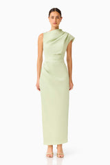 Brunette model wearing the Coralie Maxi Gown in Sage Green front shot