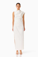 Brunette model wearing the Coralie Maxi Gown in Pearl White front shot 
