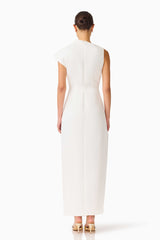 Brunette model wearing the Coralie Maxi Gown in Pearl White back shot 