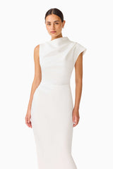 Brunette model wearing the Coralie Maxi Gown in Pearl White close up shot 