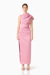 Brunette model wearing Coralie Maxi Gown in Pink front shot 