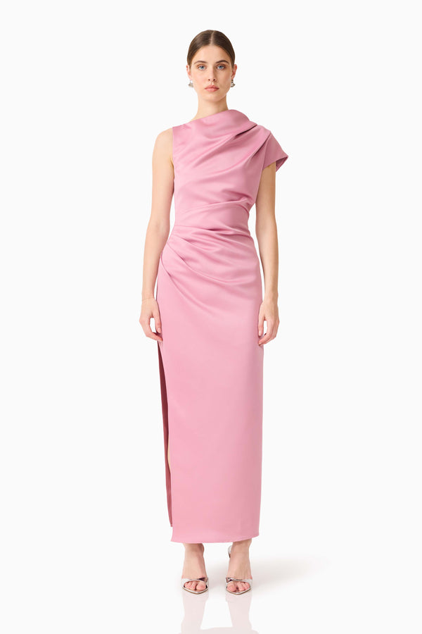 Brunette model wearing Coralie Maxi Gown in Pink front shot 