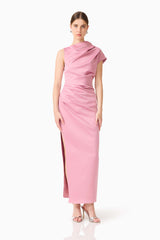Brunette model wearing Coralie Maxi Gown in Pink posed shot 