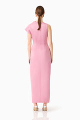 Brunette model wearing Coralie Maxi Gown in Pink back shot 