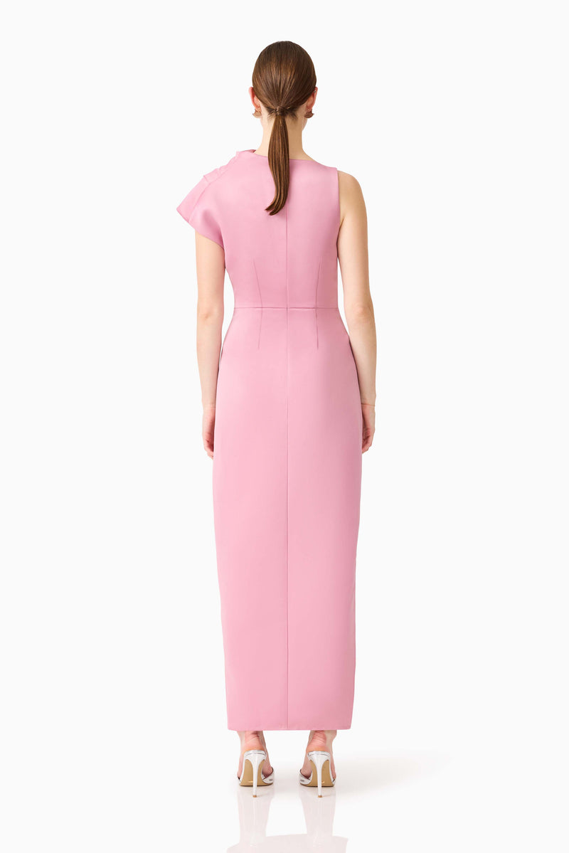 Brunette model wearing Coralie Maxi Gown in Pink back shot 