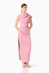 Brunette model wearing Coralie Maxi Gown in Pink posed looking away shot 