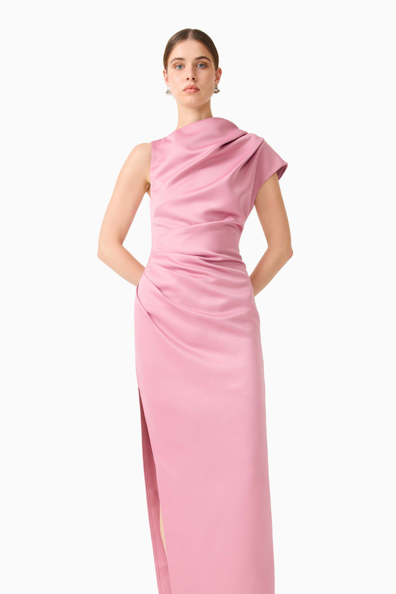 Brunette model wearing Coralie Maxi Gown in Pink close up posed shot 