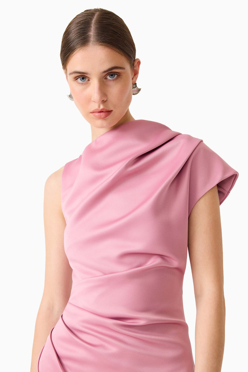 Brunette model wearing Coralie Maxi Gown in Pink close up shot 