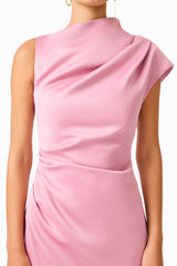 Brunette model wearing Coralie Maxi Gown in Pink detail shot 