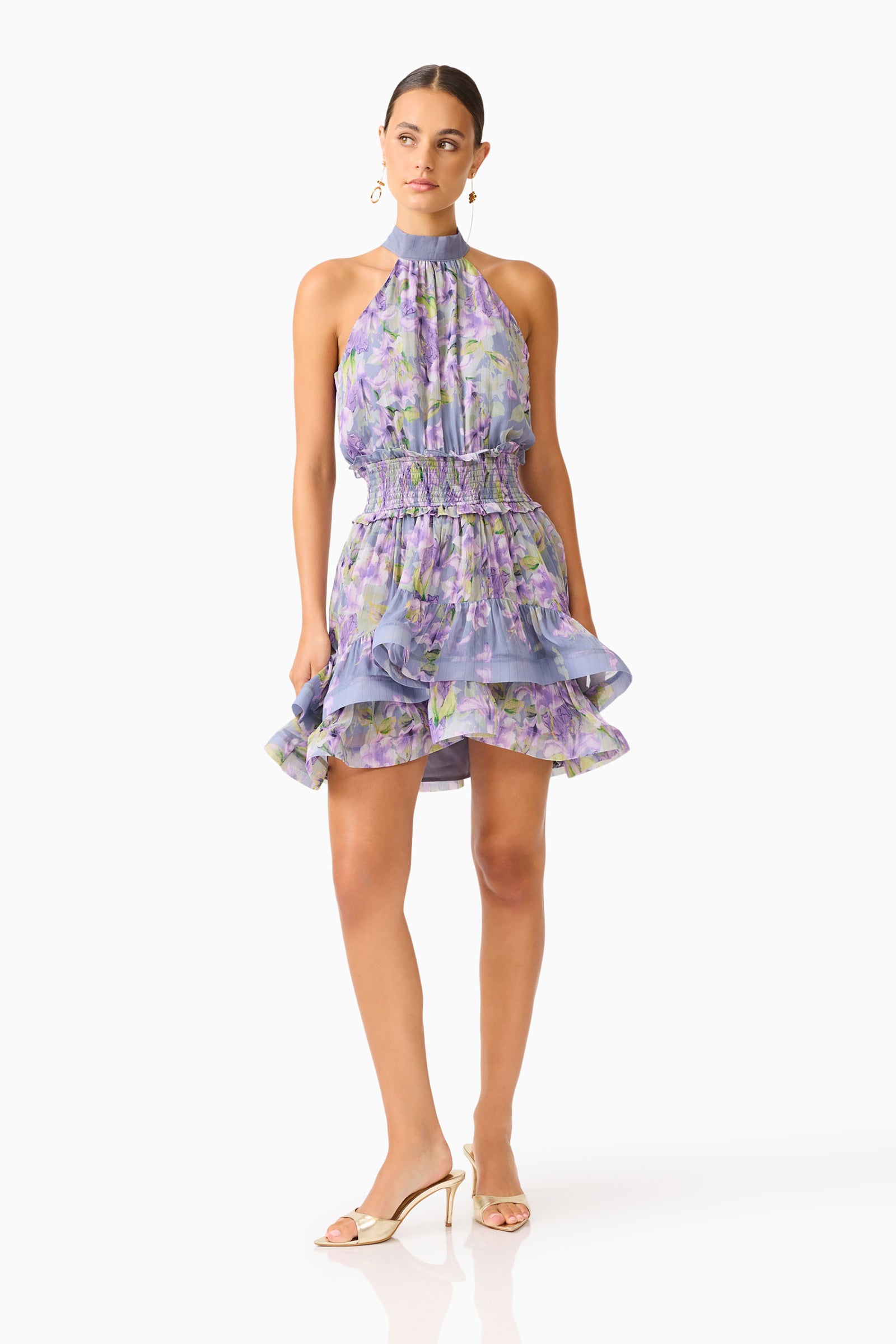 Milena Halter Mini Dress in Purple Floral | Flared Tiered Skirt Design Elliatt Milena Halter Mini Dress in Purple Floral | Flared Tiered Skirt Design Elliatt