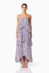 Brunette model wearing Milena Strapless Maxi Dress in Purple Floral front shot