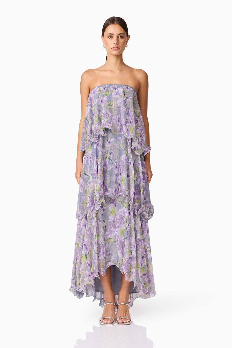 Brunette model wearing Milena Strapless Maxi Dress in Purple Floral front shot