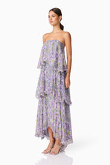 Brunette model wearing Milena Strapless Maxi Dress in Purple Floral side shot
