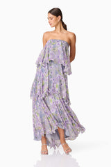 Brunette model wearing Milena Strapless Maxi Dress in Purple Floral posed shot