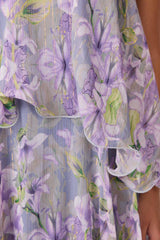 Brunette model wearing Milena Strapless Maxi Dress in Purple Floral detail shot