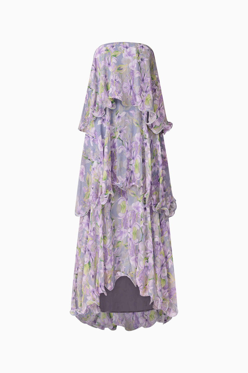 Brunette model wearing Milena Strapless Maxi Dress in Purple Floral ghost shot