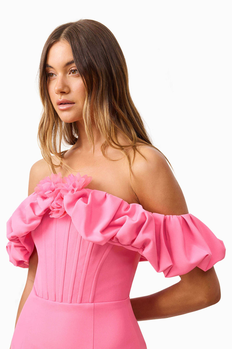 Klara Off The Shoulder Mini Dress in Pink | Bubble Sleeve Detailing Elliatt Klara Off The Shoulder Mini Dress in Pink | Bubble Sleeve Detailing Elliatt