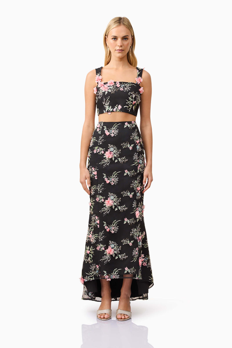 Blonde model wearing Gaia Floral Set in Black front shot