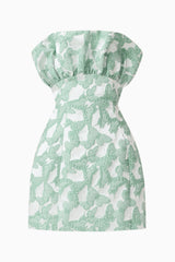 Lisette Ruffle Mini Dress in Sea Green with jacquard fabrication and structured ruffle bust ghost shot