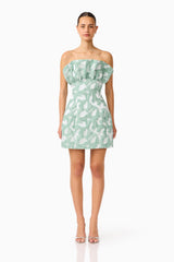 Lisette Ruffle Mini Dress in Sea Green with jacquard fabrication and structured ruffle bust front shot