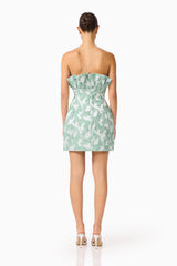Lisette Ruffle Mini Dress in Sea Green with jacquard fabrication and back zipper back shot