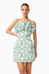 Lisette Ruffle Mini Dress in Sea Green with jacquard fabrication and structured ruffle bust close up shot
