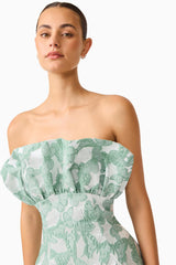 Lisette Ruffle Mini Dress in Sea Green with jacquard fabrication and structured ruffle bust detail shot