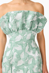 Lisette Ruffle Mini Dress in Sea Green with jacquard fabrication and structured ruffle bust detail shot