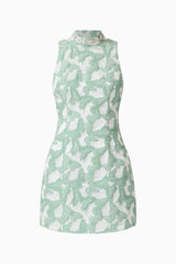 Lisette High Neck Mini Dress in Sea Green with jacquard fabrication and shift dress style ghost shot