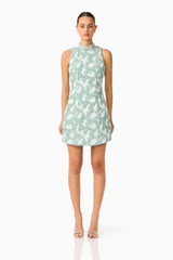 Lisette High Neck Mini Dress in Sea Green with jacquard fabrication and shift dress style front shot