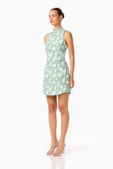 Lisette High Neck Mini Dress in Sea Green with jacquard fabrication and shift dress style side shot