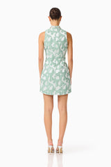 Lisette High Neck Mini Dress in Sea Green with jacquard fabrication and back zipper back shot