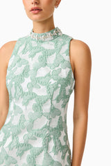 Lisette High Neck Mini Dress in Sea Green with jacquard fabrication and shift dress style detail shot