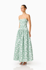 Lisette Sweetheart Gown in Sea Green with jacquard fabrication side shot