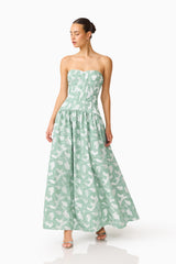 Lisette Sweetheart Gown in Sea Green with jacquard fabrication posed shot