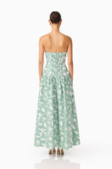 Lisette Sweetheart Gown in Sea Green with jacquard fabrication and back zipper back shot