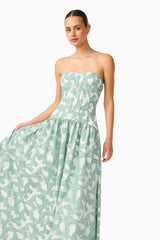 Lisette Sweetheart Gown in Sea Green with jacquard fabrication close up shot