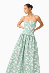 Lisette Sweetheart Gown in Sea Green with jacquard fabrication close up posed looking away shot
