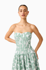 Lisette Sweetheart Gown in Sea Green with jacquard fabrication close up posed hand on hip shot