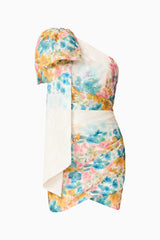 Clementina One Shoulder Mini Dress in Multi Floral with sash & bow detail ghost shot