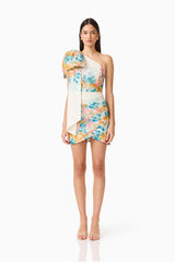 Clementina One Shoulder Mini Dress in Multi Floral with sash & bow detail front shot