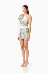 Clementina One Shoulder Mini Dress in Multi Floral with sash & bow detail side shot