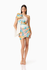 Clementina One Shoulder Mini Dress in Multi Floral with sash & bow detail posed shot